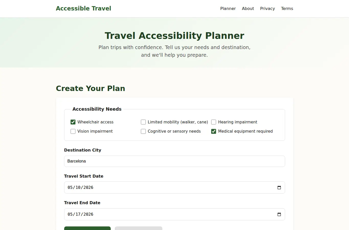 Screenshot of Travel Accessibility Planner interface showing the project page in use